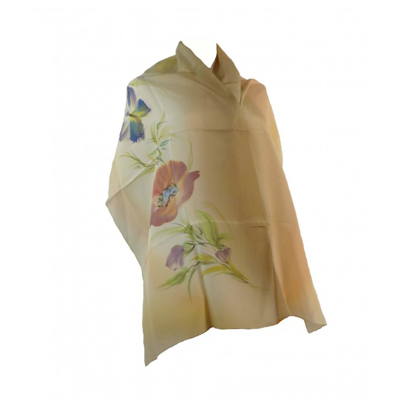 Milanówek szal jedwabny rysowany maki i niebieski motyl w beżu kakaowym