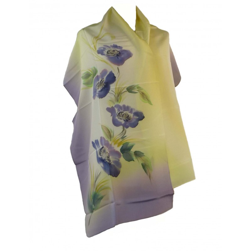 Milanówek szal jedwabny rysowany granatowe bratki żółty szary fiolet