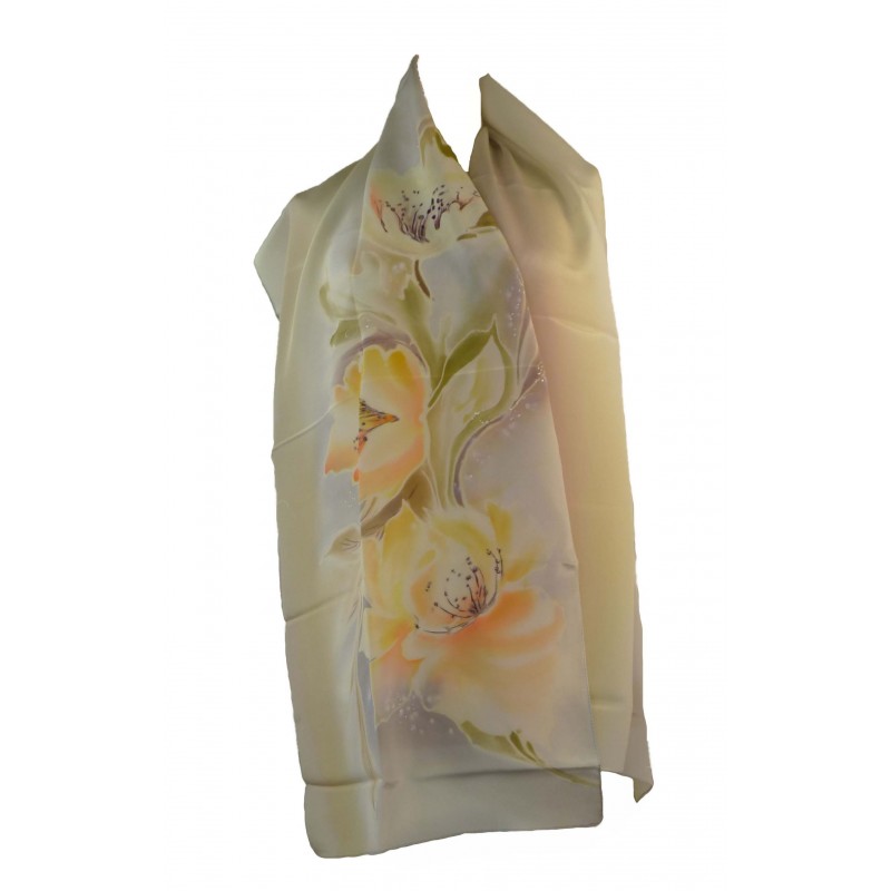 Milanówek szal jedwabny rysowany blado żółte piwonie wrzos krem róż