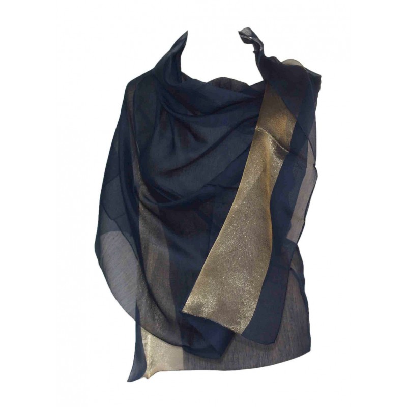 Szal jedwabny granatowy ze złotem tiulowy duży