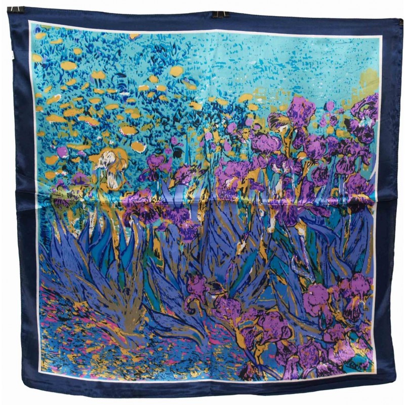 Apaszka jedwabna wrzosowe irysy Van Gogh w granatowej  ramie.
