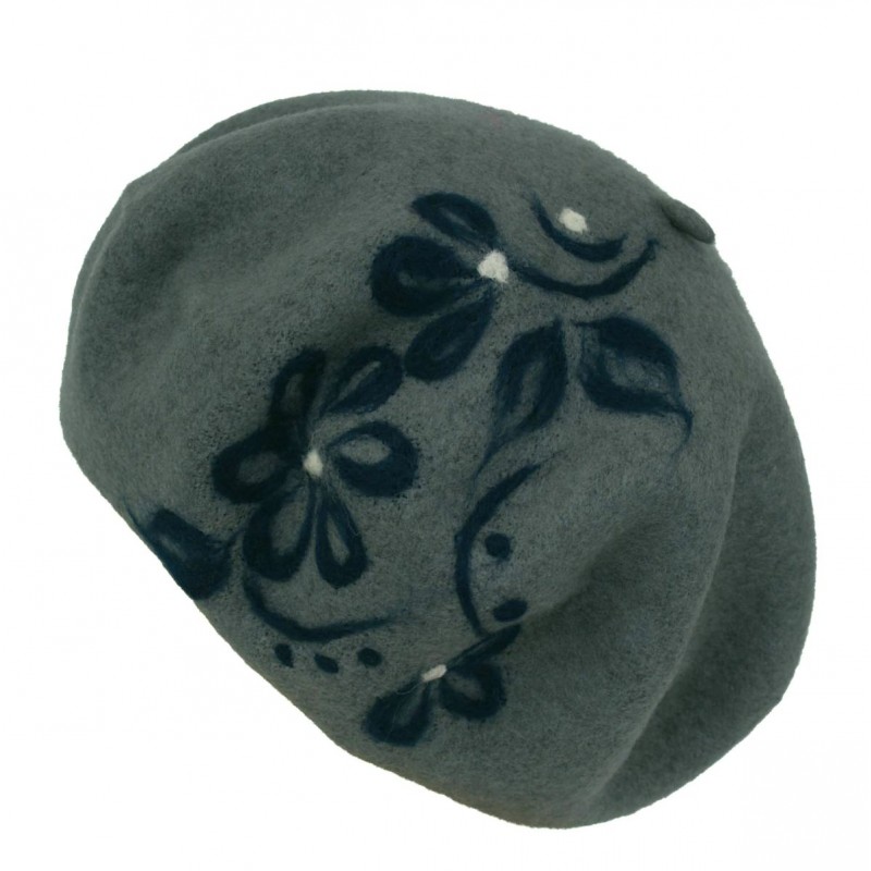 Beret wełniany dequpage szary filtr zieleni margaretki granat 14