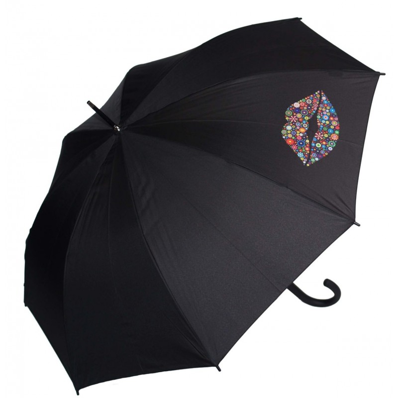 Doppler parasol czarny usta z kwiatów na czarnym laska.