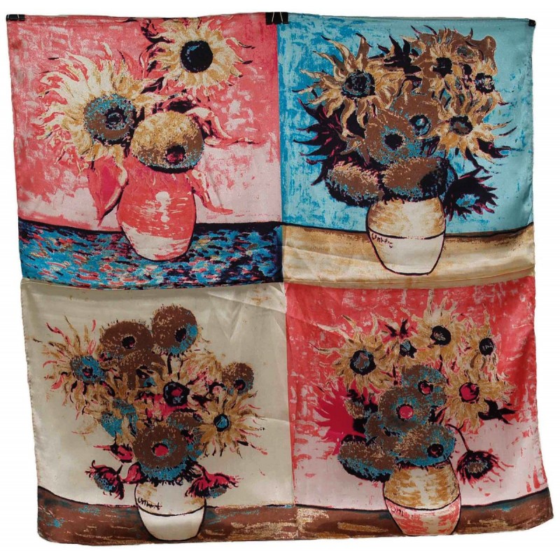 Apaszka jedwabna słoneczniki w pastelowych wazonach Van Gogh